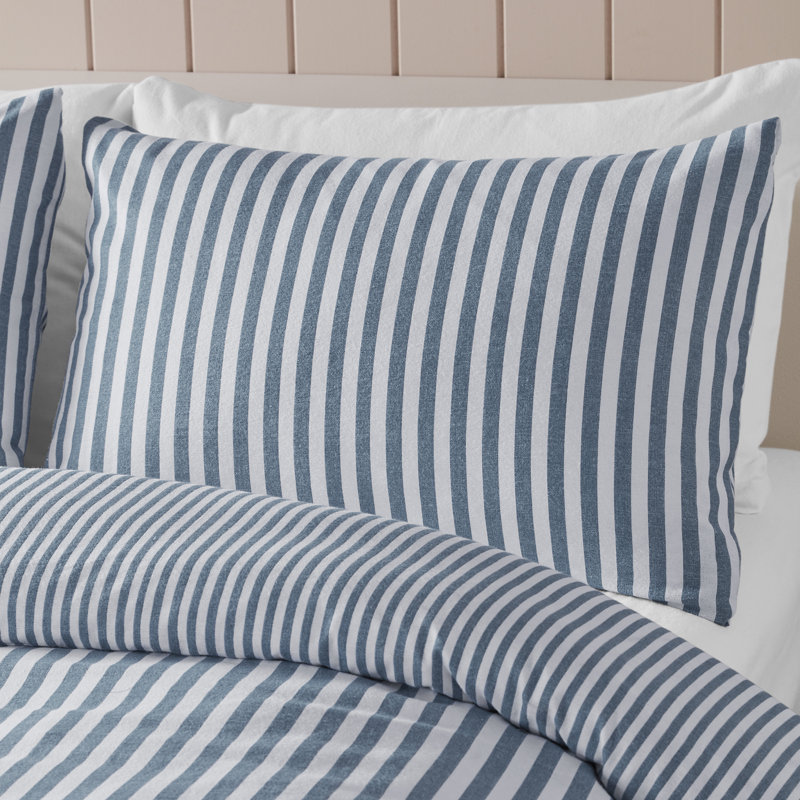 Brushed Stripe Cotton Reversible Duvet Cover Set, Blue, Single Duvet Cover + 1 Standard Pillowcase