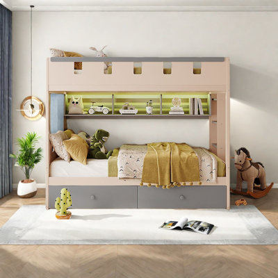 Storage Twin Wood Beds, Castle Style Modern Bunk Bed For Kids Home