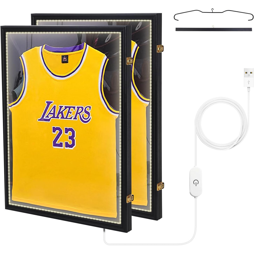 LED Sports Jersey Display Case with UV Protection & Pinboard, Acrylic Frame for Memorabilia (2 Pack) (Set of 2) MUKE