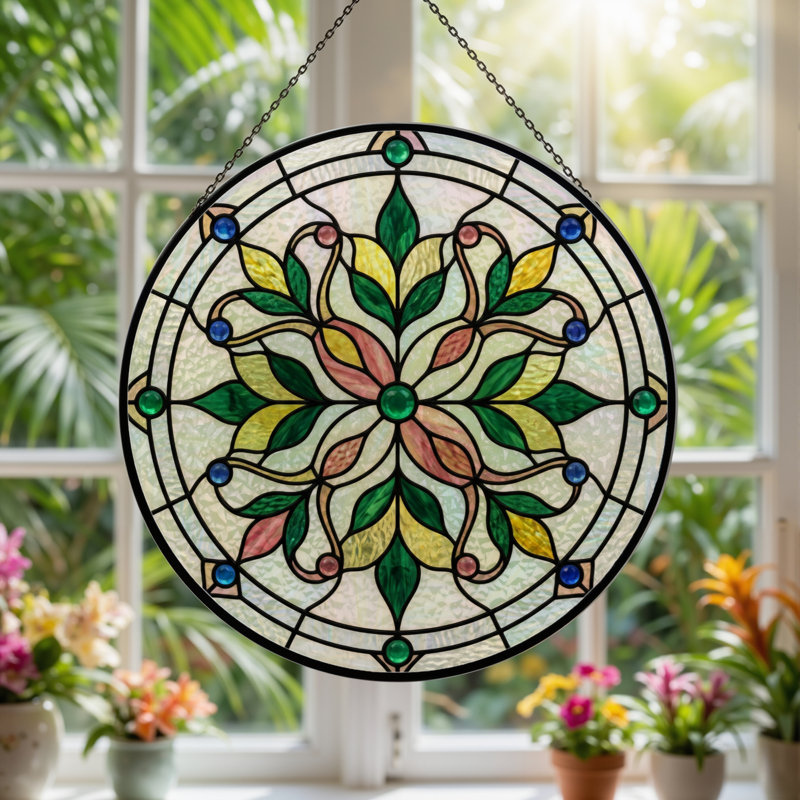 Panneau de vitrail floral en vitrail Mandala ， H 12 po, 12"H