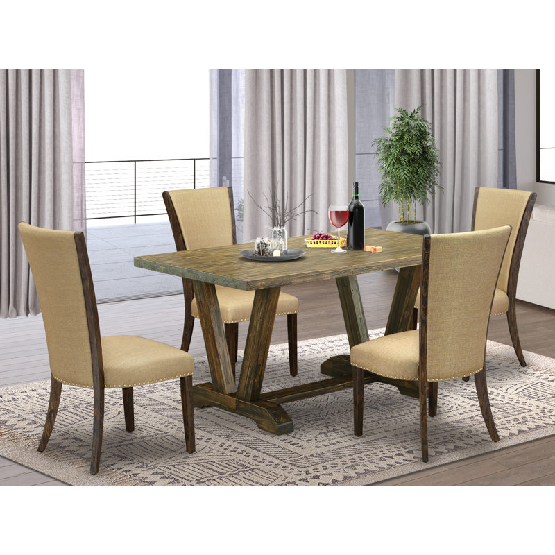 5-piece Table Set Contains a Distressed Jacobean Rectangular Table and 4 Brown Linen Fabric Kitchen Chairs - Distressed Jacobean Finish