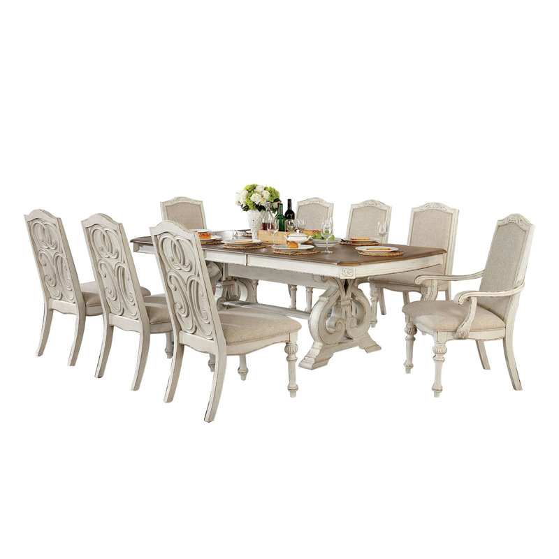 Ensemble de salle à manger extensible 9 pièces Parvin, Brun clair / blanc antique, Beige / blanc antique, 9