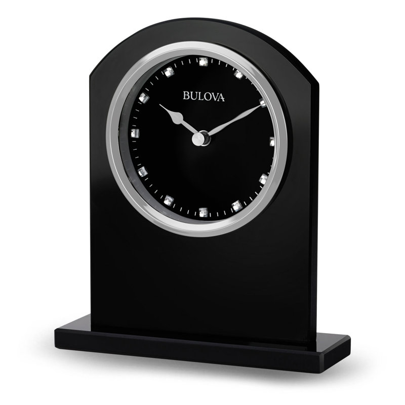 Bulova Black Glass Desk Clock with Silver Bezel