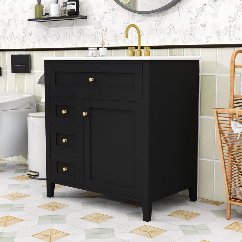 Meuble-lavabo moderne compact avec lavabo en céramique, tiroirs de rangement et tablette réglable, Noir