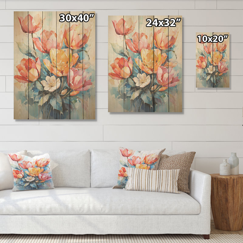 Tulipes peintes aux tons éclatants et au pinceau audacieux - Tulipes, art mural sur bois de pin naturel, H 40 po x l 30 po