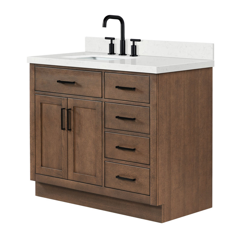 Meuble-lavabo simple en bois massif 42 po Tidworth avec plateau en quartz Carrara de 1,5 po, Gauche, Forme rectangulaire