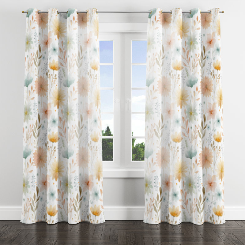 Floral Curtains for bedroom - Yellow Four Seasons Bloom Grommet Curtain - 1 Panel, Gold Grommets, 52" W x 120" L
