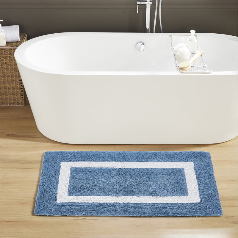 Tapis pour salle de bain réversible 100% coton Widman, Rectangle 24 po x 40 po, Bleu foncé/blanc