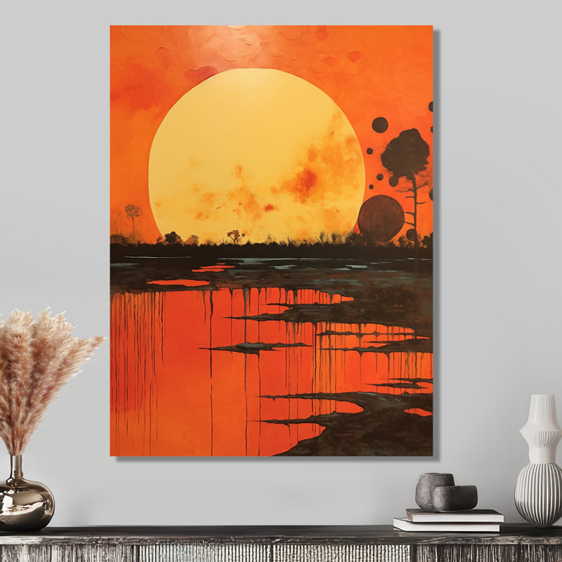 Pleine lune, gloire au-dessus du lac, couleurs rétro - paysage abstrait, art mural, H 20 po x l 12 po, Sans cadre, métal