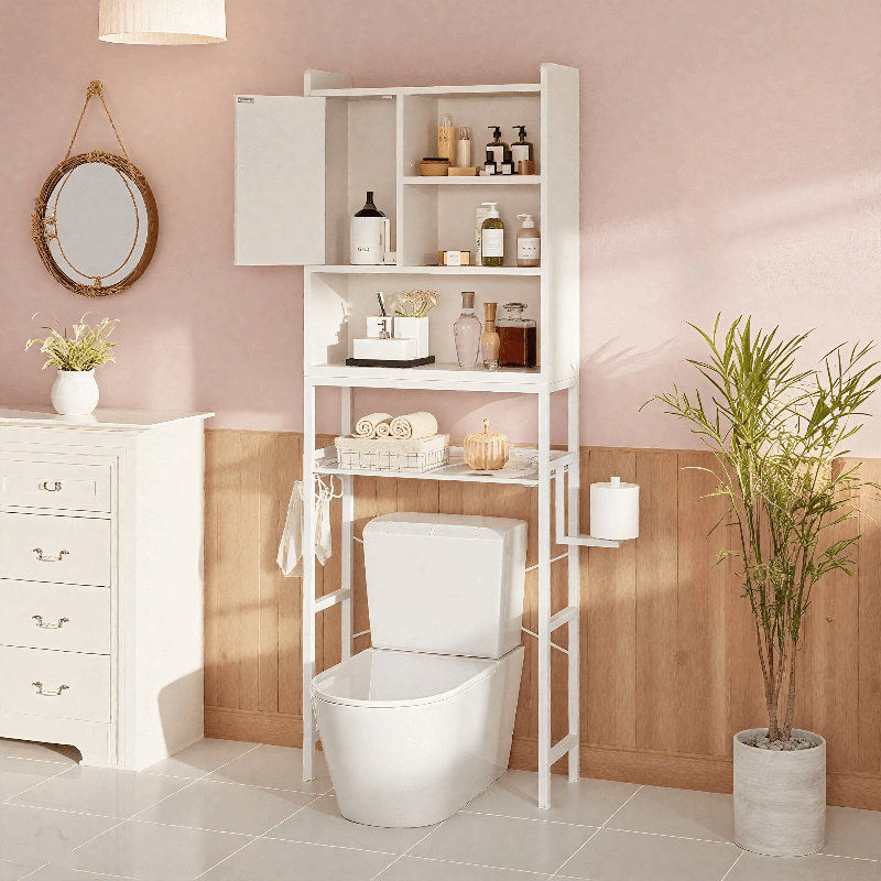 Armoire de rangement au-dessus de la toilette, armoire de rangement au-dessus de la toilette peu encombrante, organisateur de salle de bain autoportant avec tablette réglable, crochet en papier, organisateur de salle de bain moderne pour salle de bain, salle de lavage