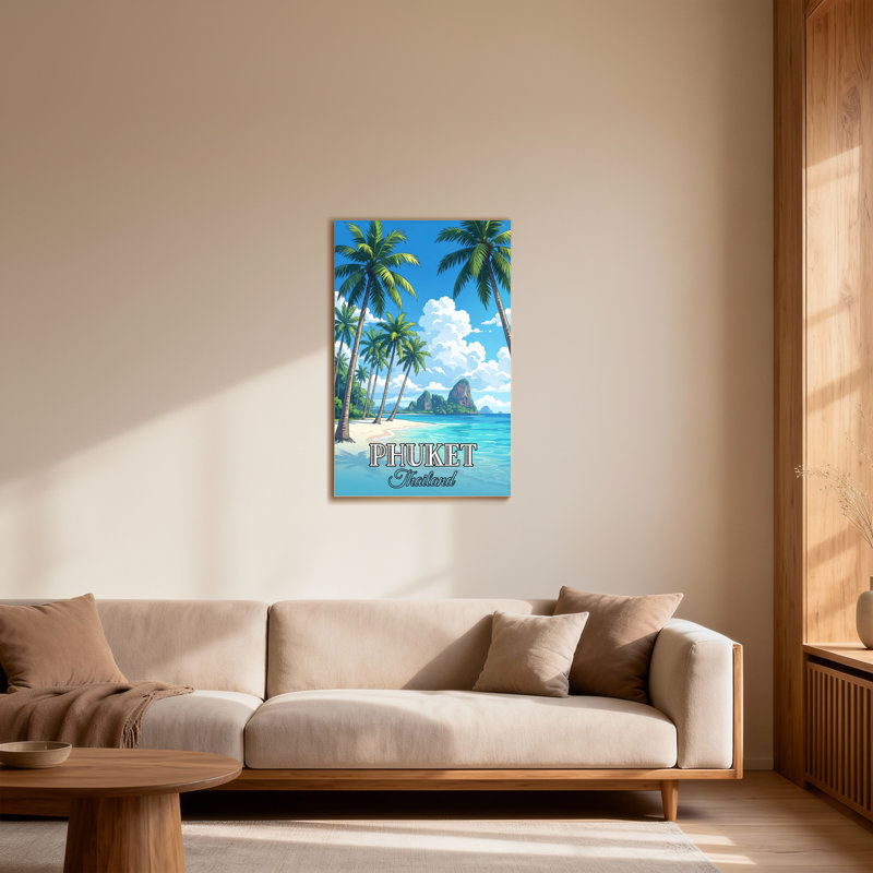 Plage tropicale avec palmiers et montagnes, H 36 po x l 24 po