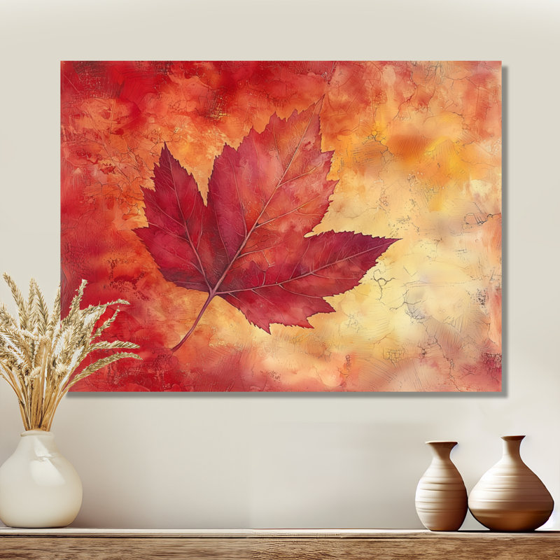 Feuille d'érable automne coucher de soleil II - feuilles, impression sur métal, H 12 po x l 20 po