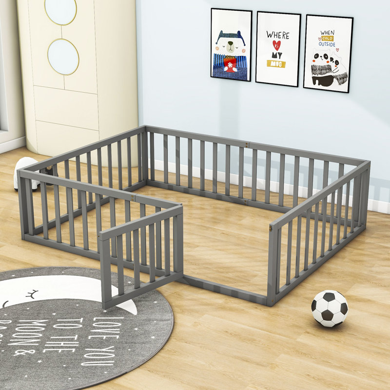 Lit plateforme en bois Hajer avec clôture et porte, Grand, gris