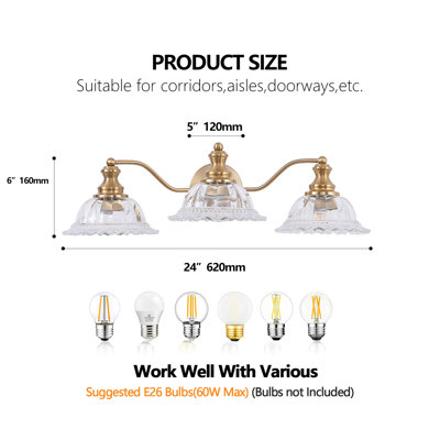 Applique murale de salle de bain rétro 24 lumières 3 pouces - Élégant luminaire de meuble-lavabo en métal doré et verre pour salle de bain, couloir ou chambre à coucher (ampoule non incluse)
