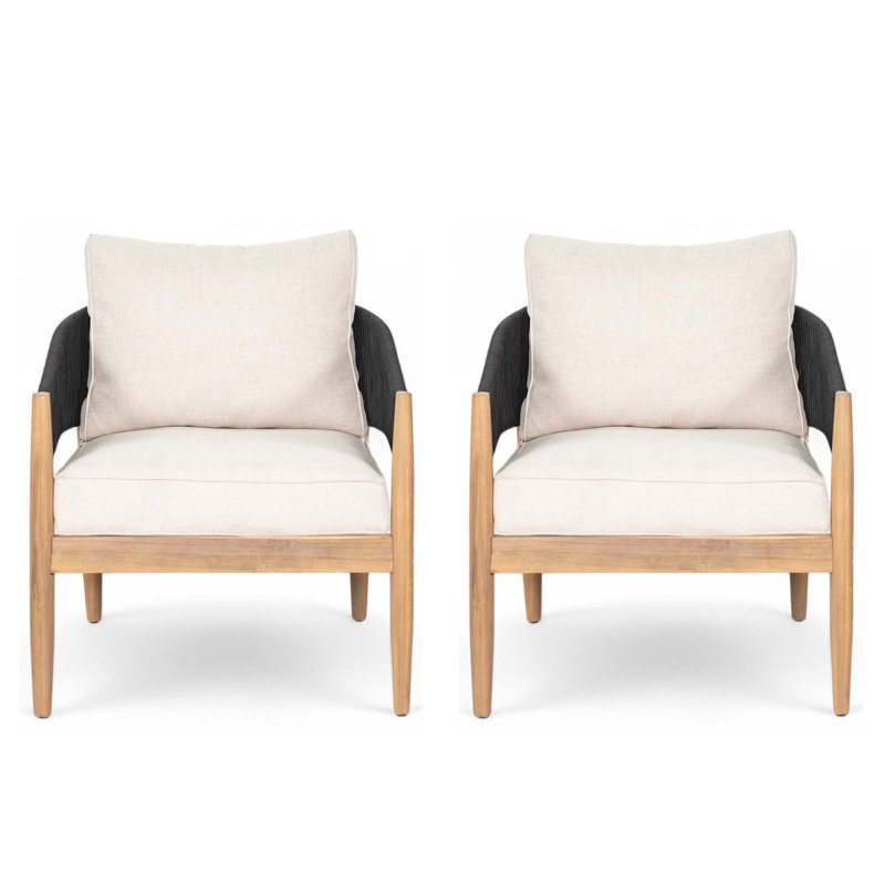 Fauteuil club d'extérieur en bois d'acacia Verona, bois naturel, coussin beige, ensemble de 2