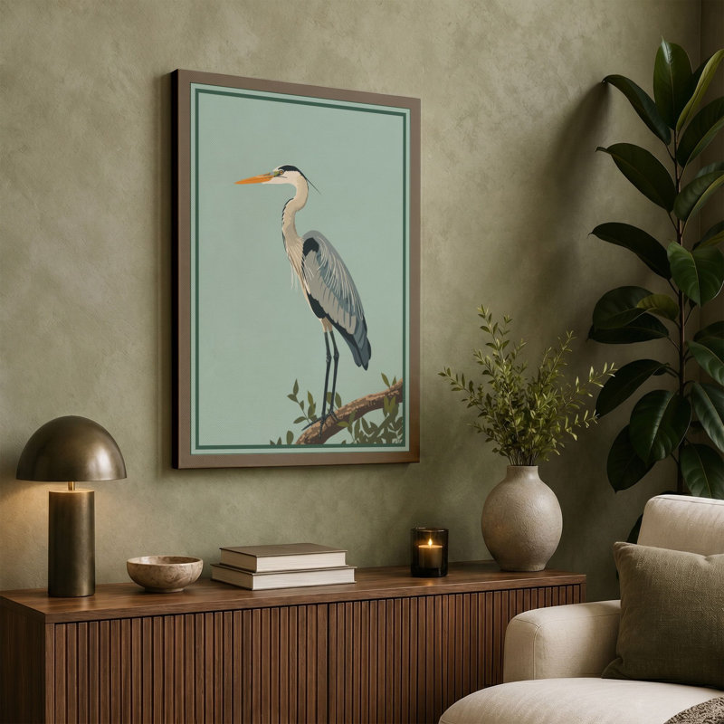 Great Blue Heron Japandi - Wrapped Canvas, 18x12 - 45.7 x 30.5 cm, Taupe Border