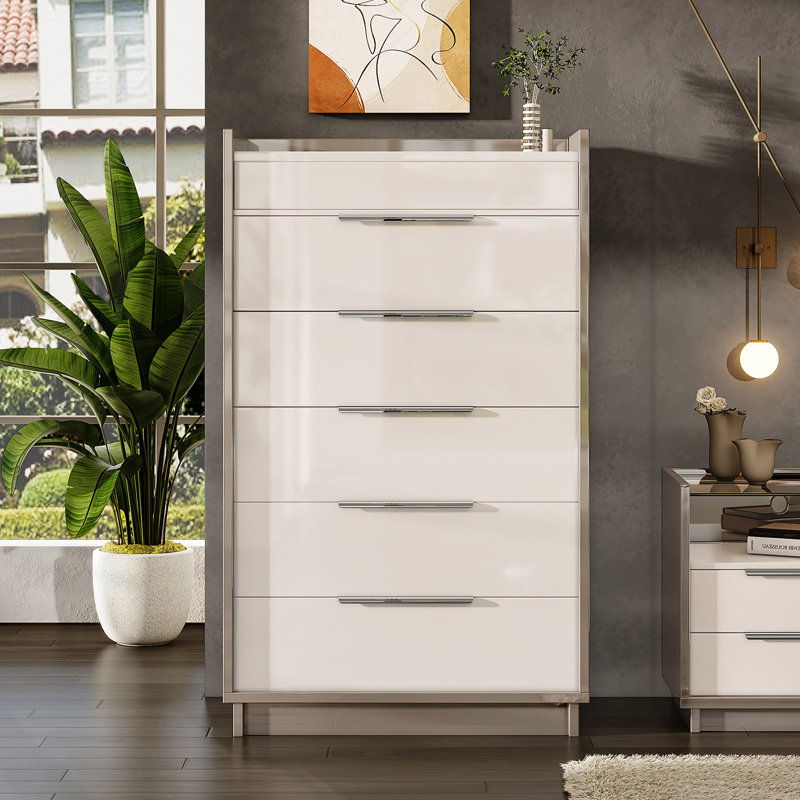 5-drawer Chest With Glass Tabletop, Storage Dresser Organizer With Inside Mirror & Lift Top Dresser For Bedroom, White&gray
