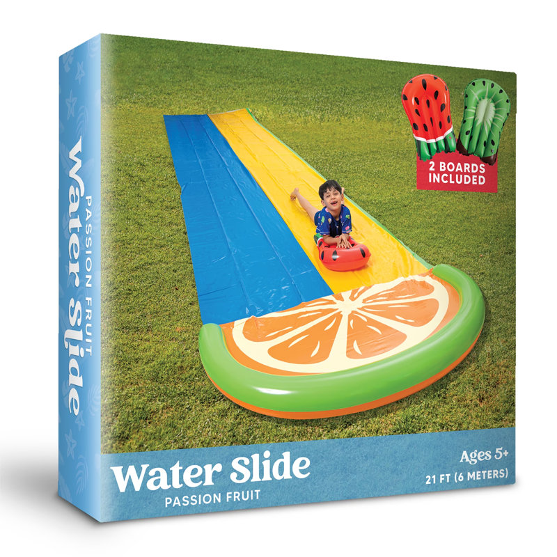 Glissades d'eau de 22,5 pi avec 2 planches, 2 couloirs de course coulissants et arroseurs, jouet d'été pour la pelouse, fruits