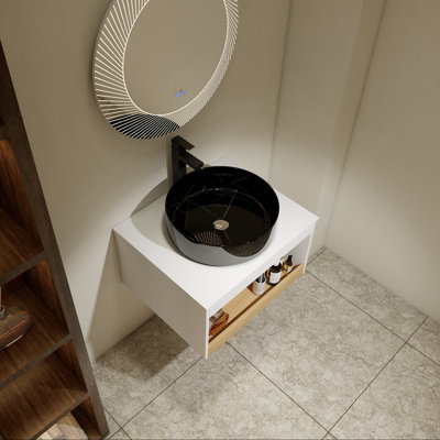 Meuble-lavabo flottant avec lavabo vasque noir veiné blanc et tablette ouverte