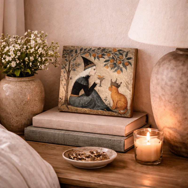Art mural rétro sur toile tendue sorcière et chat royal, H 12 po x l 12 po
