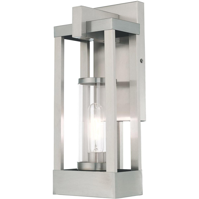1 Light Outdoor Wall Lantern Pendant Fixture with Clear Glass Shade, 16" H x 6.25" W x 6.25" D, Brushed Nickel