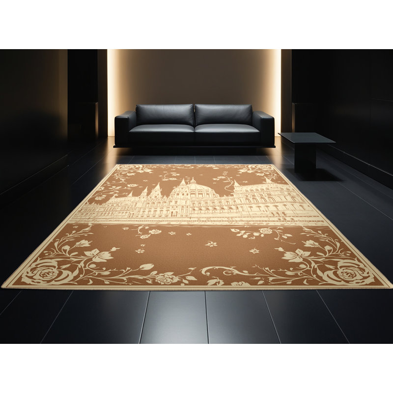 Machine Washable Pandelica Budapest Parliament Building Classic Floral Rug in Brown – Beige Binding, 5x8
