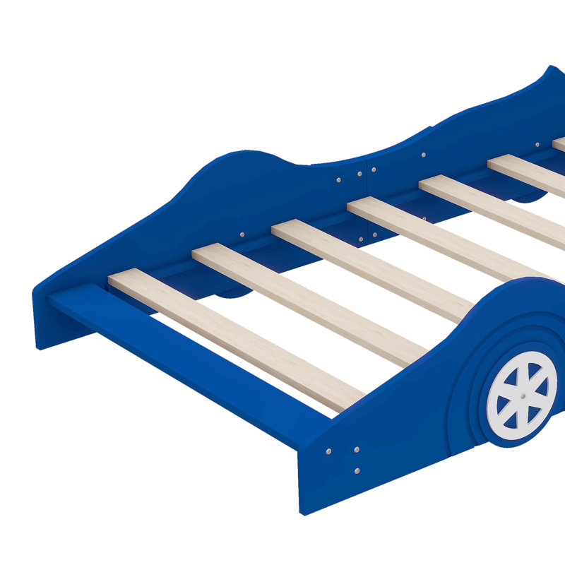Lit plateforme en forme de voiture de jeu ludique avec roues réalistes pour un design unique, Bleu, Lit simple