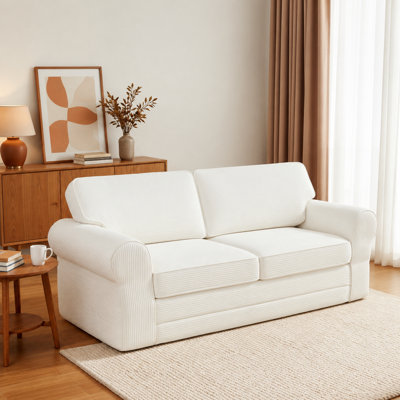 83" Boneless 2-Seater Upholstered Rolled Arms Couch & Modern Soft Corduroy Sofa for Living Room,White