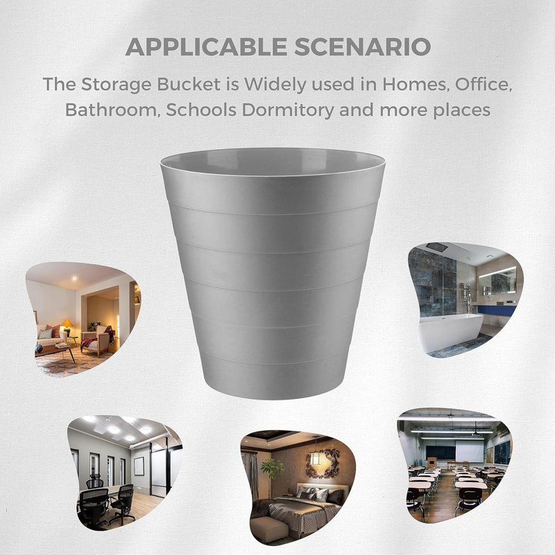 Derica Plastic Waste Paper Bin 6L Round Waste Basket Trash Can Lightweight Rubbish Bin (Grey)
