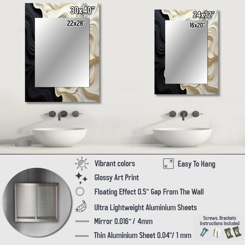Noir blanc Opt Art Contrast Waves - miroir décoratif Op Art, miroir mural noir, impression sur métal, 40 po x 30 po