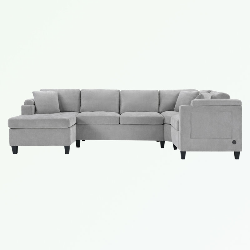 Canapé modulaire en forme de U avec porte-gobelets intégrés, espace de rangement et ports USB, Chenille gris pâle