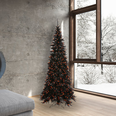 Black Fir Artificial Christmas Tree with Orange LED Lights with Stand