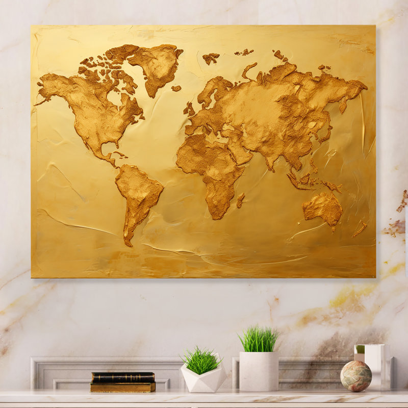 «Golden World Map Geographiques» sur métal, H 12 po x l 20 po x P 1 po