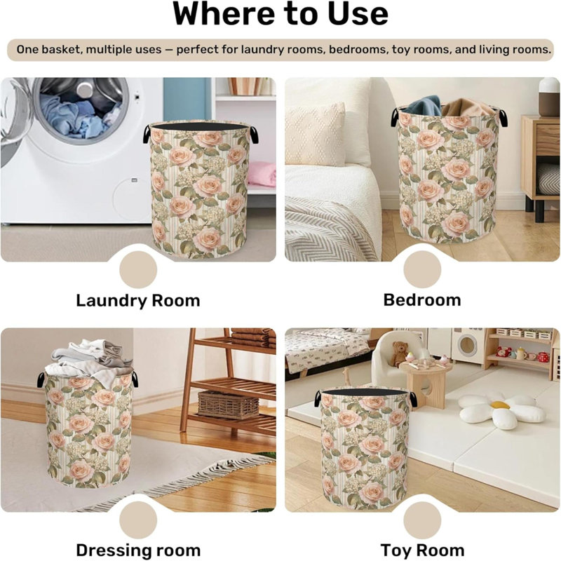 Rose Laundry Basket - Heavy Duty  Dirty Clothes Organizer, Water Resistant Foldable Hamper For Men Women
