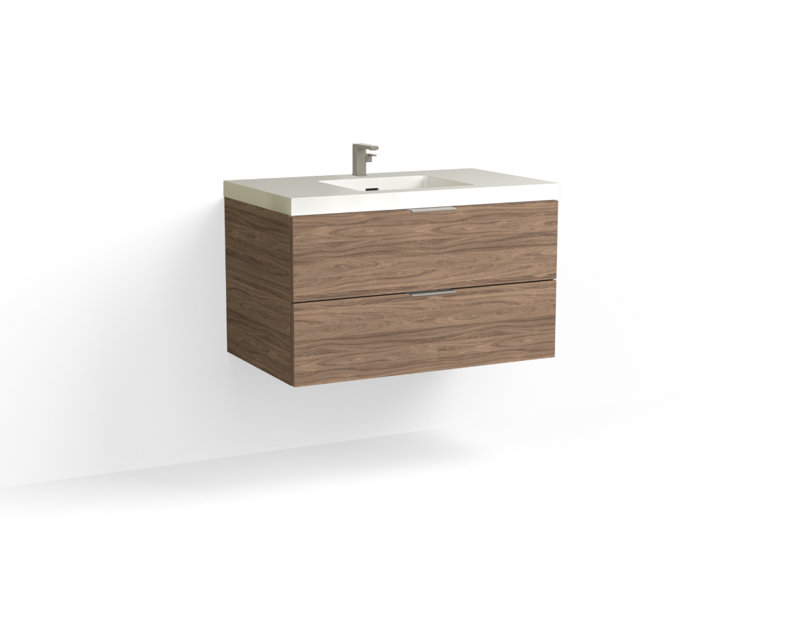 Avila 36" W Wall Mounted Single Bathroom Vanity, Glossy White/8" Widespread, Nocino, Satin Brass