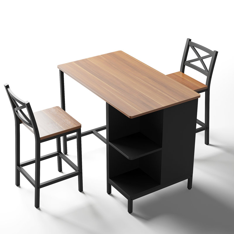 Industrial Style 3 Pieces Counter Height Dining Table Set With Storage Shelves, 41.3’’L Rectangular Dining Table With 2 Dining Chairs For Compact Kitchen Or Dining Room