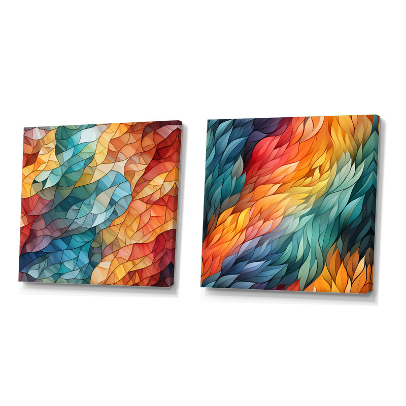 Ensemble de 2 mosaïques multicolores en verre - formes carrées abstraites, H 16 po x l 33 po, Toile tendue