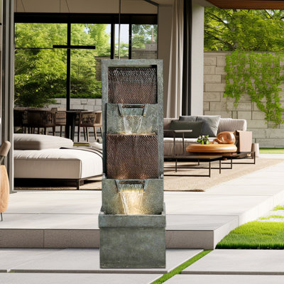 Fontaine autoportante moderne sur pied pour l'extérieur / l'intérieur de 39,3 pouces avec sons d'eau apaisants et lumière DEL chaude et pompe pour le jardin, le patio et le bureau