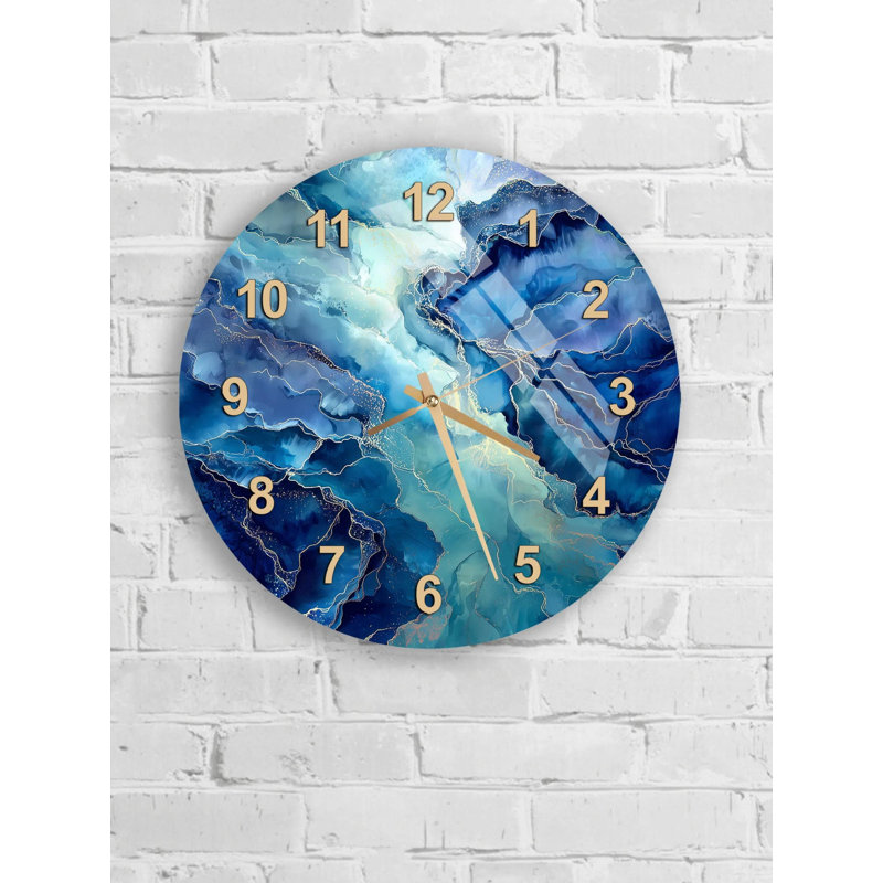 Horloge murale en verre trempé, art abstrait en marbre bleu, style moderne, horloge décorative, décoration murale unique
