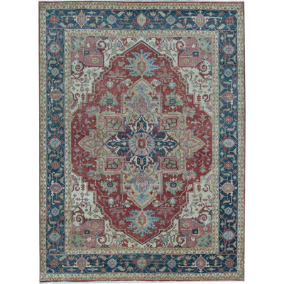 Tapis rouge et bleu noué à la main de haute qualité
