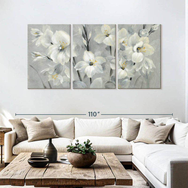 Harnek fleurs sur fond gris II, H 45 po x l 92 po