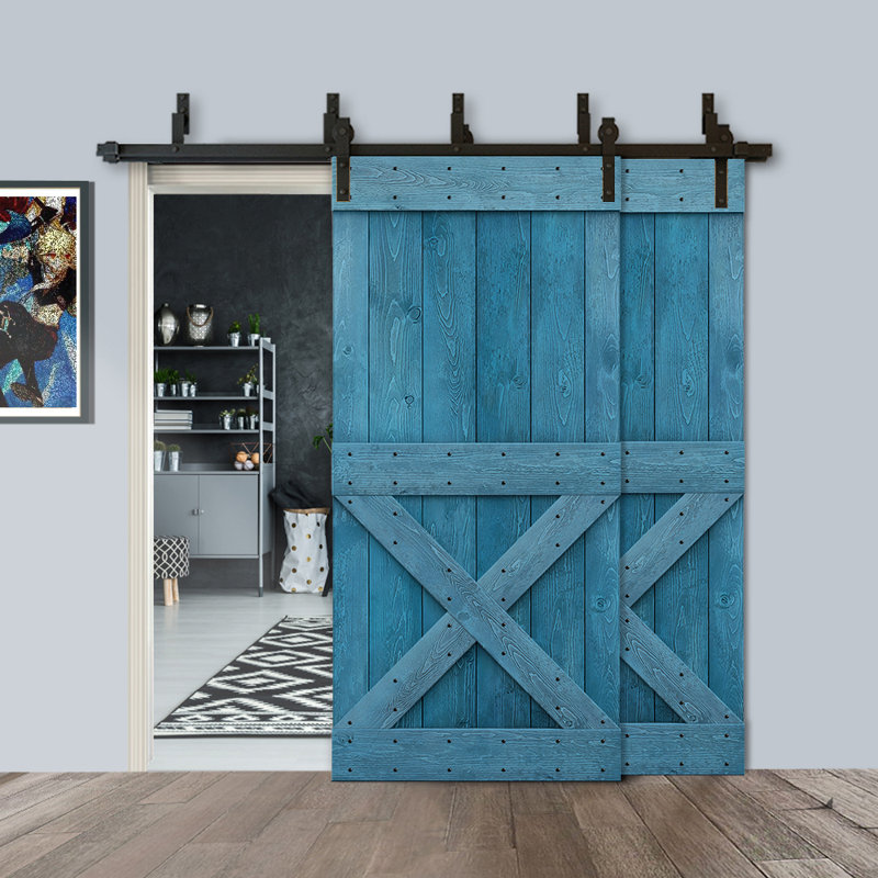 Porte de grange en bois peint, Bleu marine, Noir, 36 po x 84 po