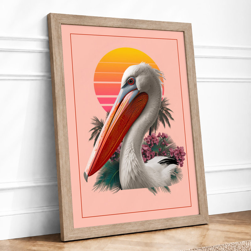 Pelican at Sunset Coastal - Framed Print, A2 - 59.4 x 42.0 cm, Oak