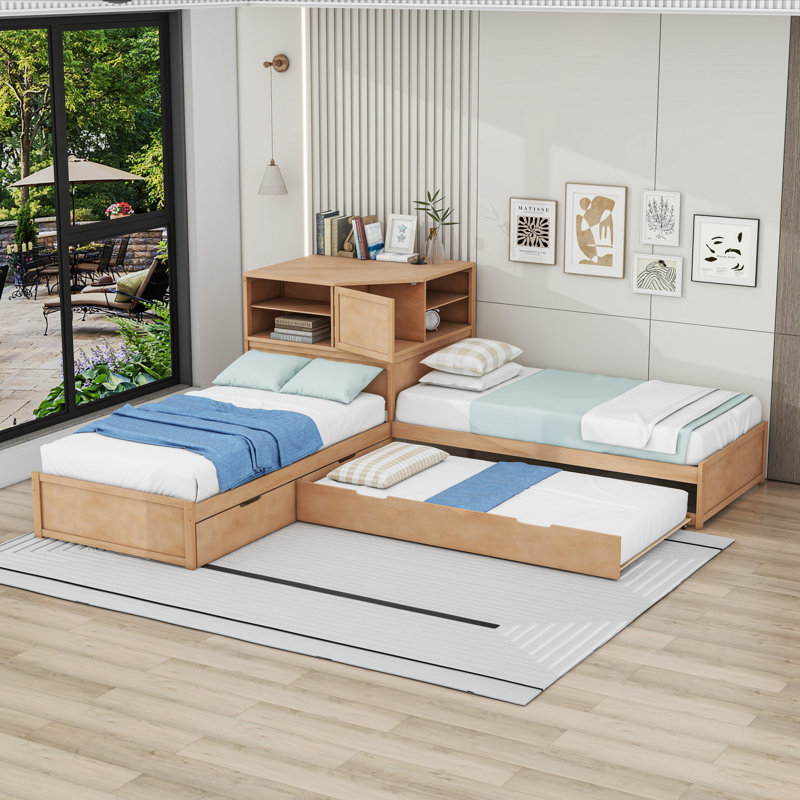 Lit plateforme simple en L avec lit gigogne simple et tiroirs de rangement, tablettes, Naturel