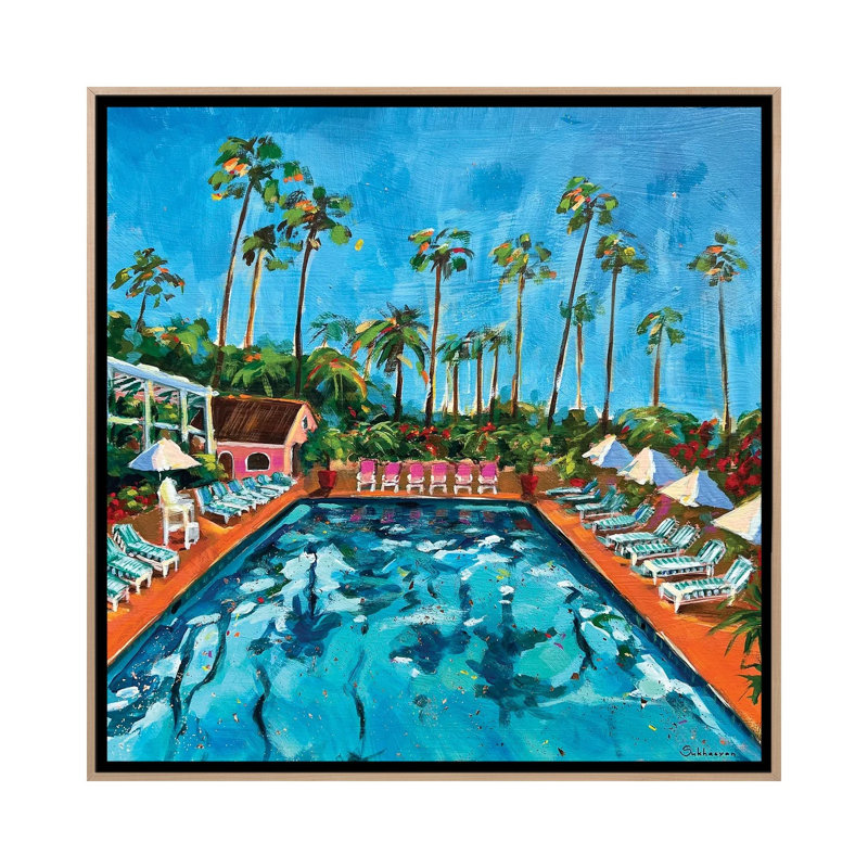By The Pool California Scenery 1 Piece Wall Art on Canvas, 45.72 cm H x 45.72 cm W x 4.445 cm D, Natural Wood