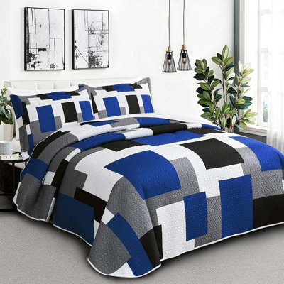Ensemble de courtepointe réversible à motif géométrique bleu, blanc et gris - Couvre-lit toutes saisons en microfibre léger avec taies décoratives 3 pièces