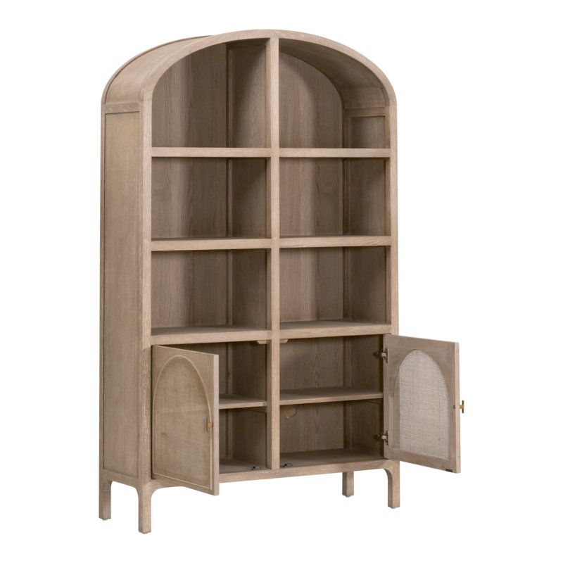 Smoke Gray Oak and Cane Arched Storage Bookcase with Doors