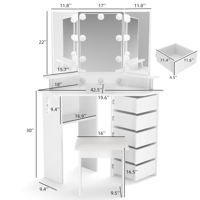Greyden Tri-Fold Vanity Set with 5 Rotating Drawers and Outlets, White