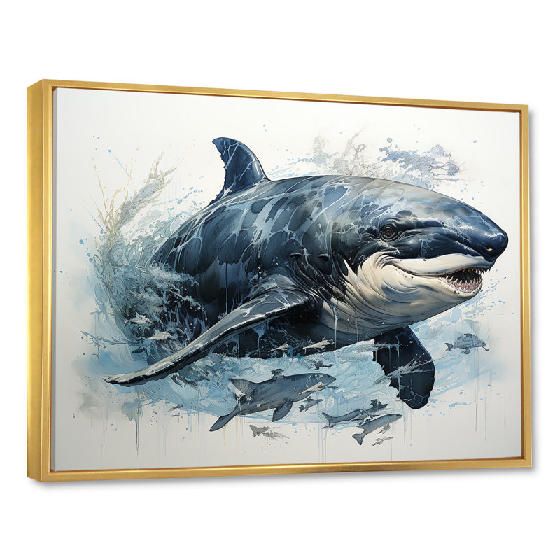 «Breaching Whale I - Whale Animal Wall Art Living Room», H 16 po x l 32 po x P 1 po, Cadre flottant doré