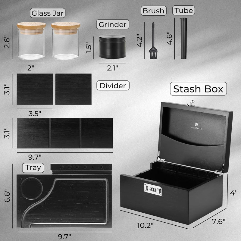 Dakota Fields Stash Box With Rolling Tray, Smell Proof Large Bamboo Storage Box With Lock, Decorative Box Set Includes Glass Jars & Grinder